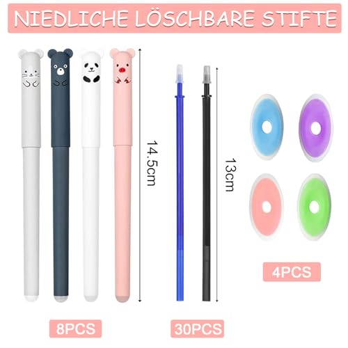 MQWDGJ Radierbarer Kugelschreiber, Radierbare Stifte Set, inklusive 8 Radierbarer Stifte 30 Ersatzminen 4 Radiergummi Bär Radierbarer Kugelschreiber für Studenten Geschenk Schul Bürobedarf