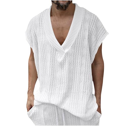 Men's Lightweight Casual Sweater Vest, Loose V-Neck Cable Knit Pullover Tops Going Out Fashion Cap Sleeve Vests