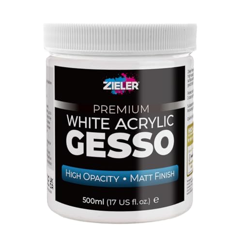 Zieler Premium White Acrylic Gesso Primer | High Opacity | Matt Finish (500ml) For Acrylic & Oil Paintings on Canvas Wood & Board