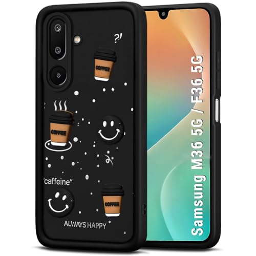Image of TheGiftKart Back Cover Case for Samsung Galaxy M36 5G / F36 5G | Cute Fun Cartoon 3D Smiley Coffee Case | Full Camera Protection | ShockProof Back Cover Case for Samsung M36 / F36 5G (Silicone, Black)
