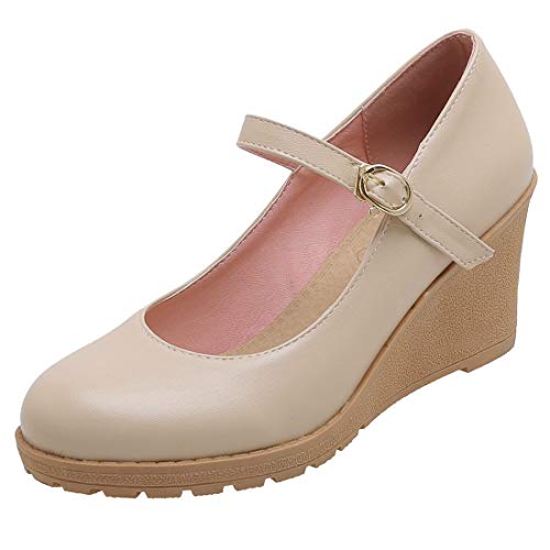 AIMODOR Womens Platform Mary Jane Wedge Heel Ankle Strap Pumps