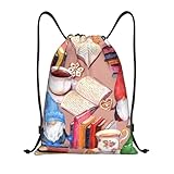 Buewutiry - Mochila con cordón para libros de gnomos, tazas de té, pequeña con cordón, gimnasio, deportes, bolsa de cuerda, mochila, Negro -, M