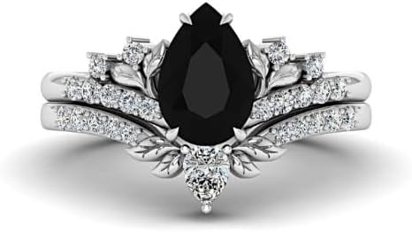 Black Gold Pear Shaped Engagement Ring Set Women, Leaf Shaped Nature Inspired Gothic Black Metal Ring, Wedding Bridal Rings