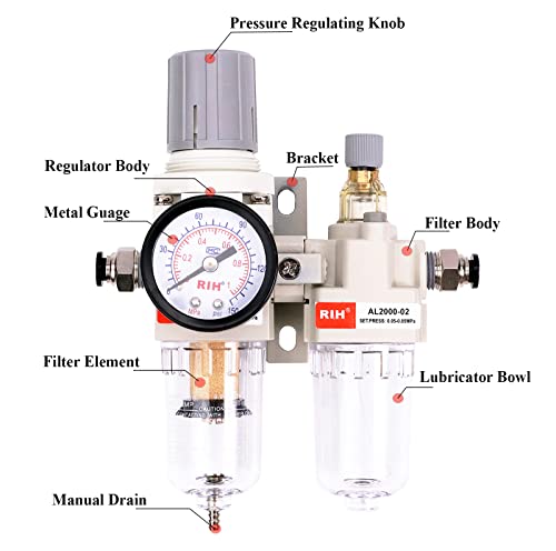 Image of RIH Pneumatics Compressed Air Filter Regulator Lubricator Combo Water /Oil Trap Separator - Gauge(0-150 psi), Semi-Auto Drain, Poly Bowl,Bracket - 3 in 1 Two Unit (1 /4 inch NPT)