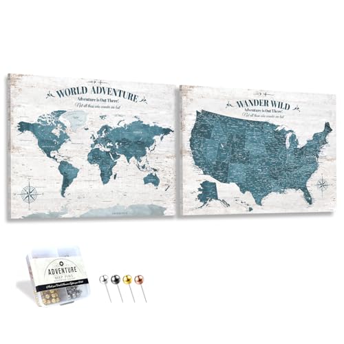 Image of IPIC - Antique Blue World Map & USA Map Canvas Wall Art Set of 2, Travel Wall Decor with Pins Included, Ready to Hang for Office or Living Room, 40x30 Inch