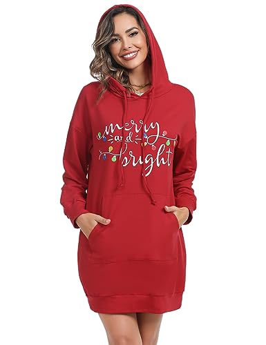 Image of Quenteen Women Hoodies Dress Hooded Sweatshirts Dress Casual Long Sleeve Tunic Dress Oversized Sweatshirts with Pocket