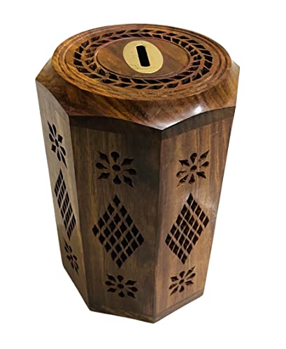 Image of Sheesham Wood Hand Crafted Master Size Large Piggy Bank | Gullak for Adults | Money Bank | Wooden Coin Bank for Boys and Girls - Open from Bottom Screw Plate- 7.5inch
