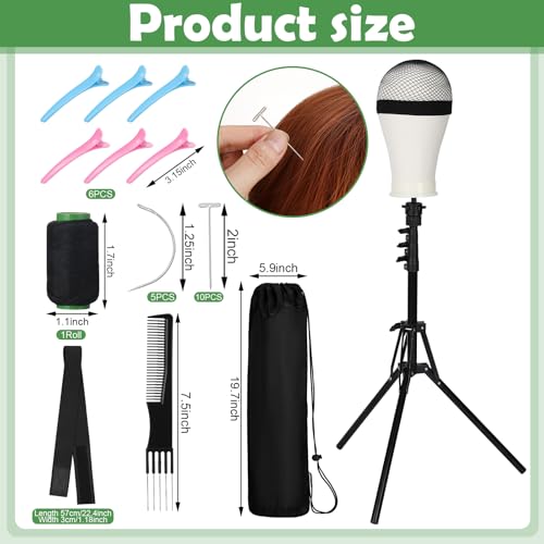 61'' Adjustable Wig Stand Tripod, Wig Holder Stand with Head, Caps, Elastic Bands, T Pins Tool Kit for Wigs Styling Making Display, Cosmetology Hairdressing Training