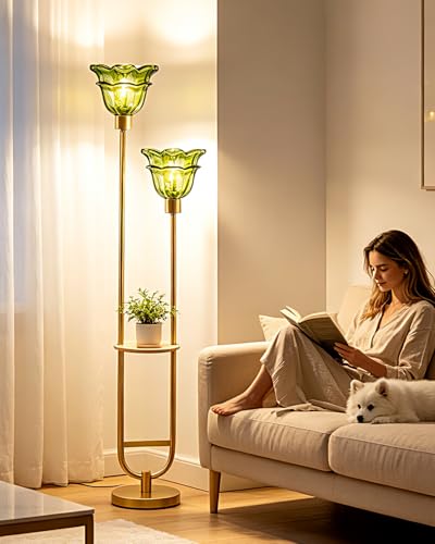 Image of Glass Floor Lamp with Shelf 2-Lights Gold Floor Lamp with Green Glass Shade, Mid Century Modern Standing Tall Lamps with Foot Switch for Living Room Bedroom Home Decor (Bulbs Included)