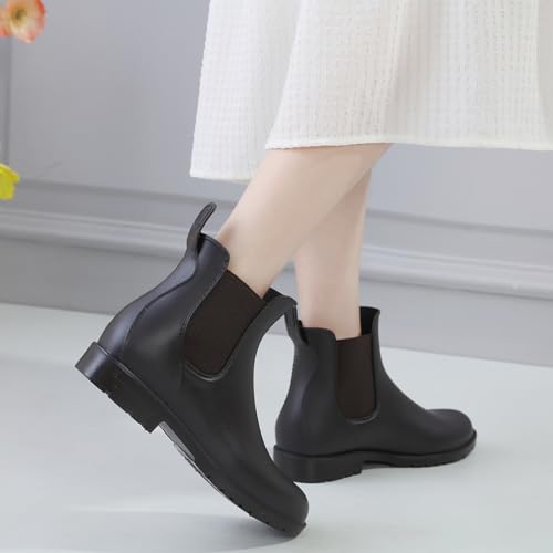 Acfoda Kurze Damen Gummistiefel Herren Regenstiefel Wasserdicht Lack Regen Schuhe Ankle Chelsea Boots Gummi Stiefel mit Blockabsatz Braun Gr.38