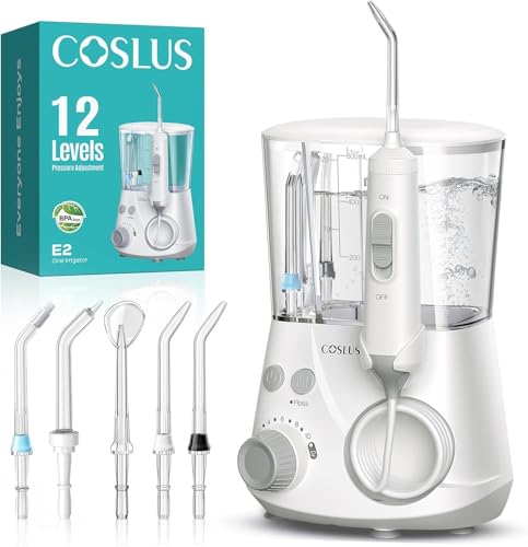 COSLUS Munddusche Elektrisch Professional Zähne: 2 Modi & 12 Druckstufen – 600ml Wassertank Zahndusche für Familien Oral Health Enthusiasten/Orthodontie-Patienten – Haushalt & Bad mit 5 Düsen –Schwarz