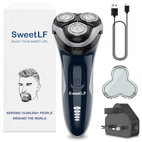 SweetLF Electric Razor for Men, 120 Min Shaving, Fast UK Adapter (1H Charging), 100% Waterproof, Wet & Dry Rotary Shavers for Men with Pop-up Trimmer, LED Display, Dark Blue
