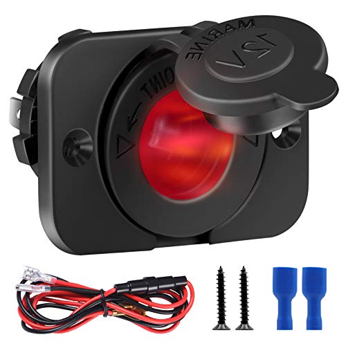 FENGWANGLI 1 Pack LED Cigarette Lighter Socket, 12V Waterproof Power Outlet Receptacle With Panel, Wire Fuses and USB for ATV RV Truck Motorcycle Yacht(Red)