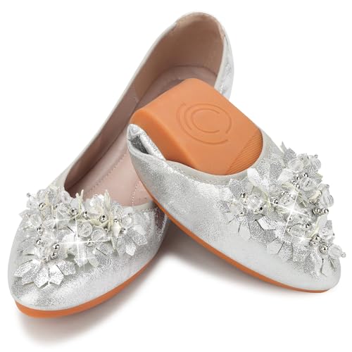 KUNWFNIX Pearl Rhinestone Ballet Flats