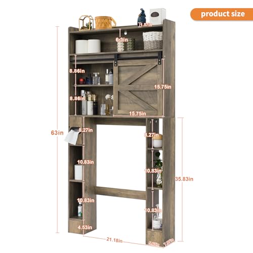 Over The Toilet Storage Cabinet, 32.5'' Wide Bathroom Storage Cabinet with Sliding Barn Door, Freestanding Over Toilet Storage Shelf, Grey
