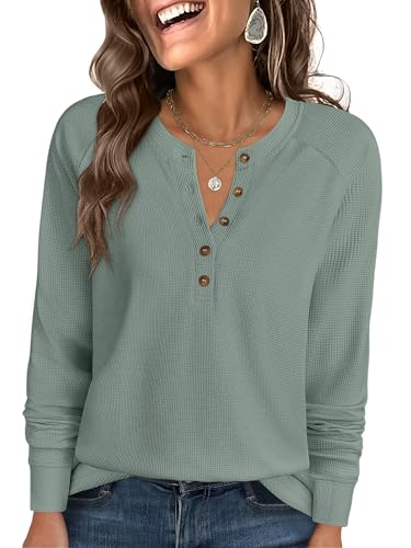 Image of ANRABESS Women's Waffle Knit Henley Top Long Sleeve Shirts