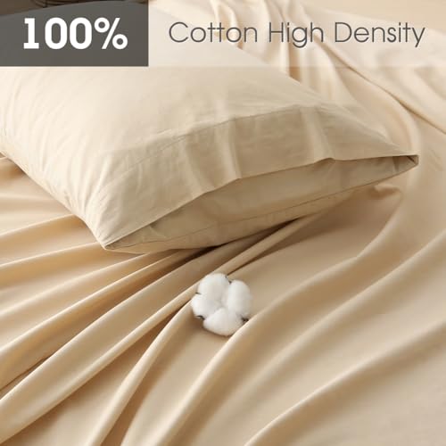 HYPREST Deep Pocket Queen Sheets Beige-100% Cotton Sheet Sets Fits 18"-24" in Deep Mattress, Hotel Luxury Soft Wrinkle Free Cooling Sheet Sets for Queen Bed Deep Pocket