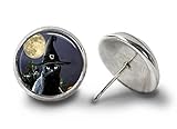 arete de tuerca con diseño de gato negro con sombrero de bruja en la luna llena, ilustración de fondo, arete de vidrio únicos