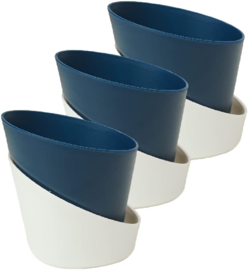 HARSHDEEP-Atlantis-Self Watering Planters for Home Living Room Tabletop Decoration Round Plastic Flower Pots 4.3 Inch Set of 3 (Midnight Blue-White)