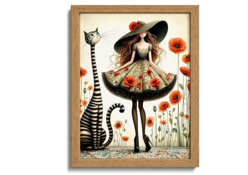Brown Solid Wood Frame Whimsical Girl And Cat Canvas Wall Art 12x16in