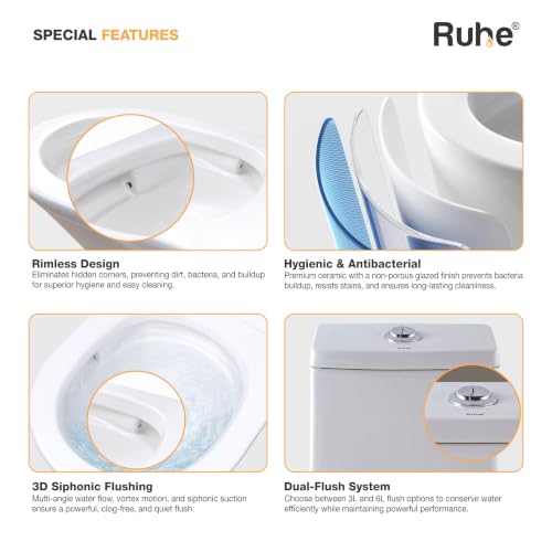 Image of Ruhe Oreo One-Piece Western Toilet with 3D Siphonic Flushing System| S-Trap | White Glossy Ceramic | 26 x 13 x 29 inches | Soft-Close Seat Cover | Dual Flushing | Floor Mounted Western Commode