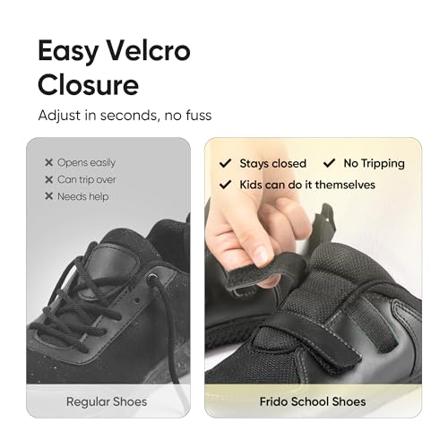 Image of Frido School Shoes for Boys & Girls with Wide Toe Box - Black Comfortable Zero Drop Kids School Shoes with Velcro Closure - Breathable Mesh, Black