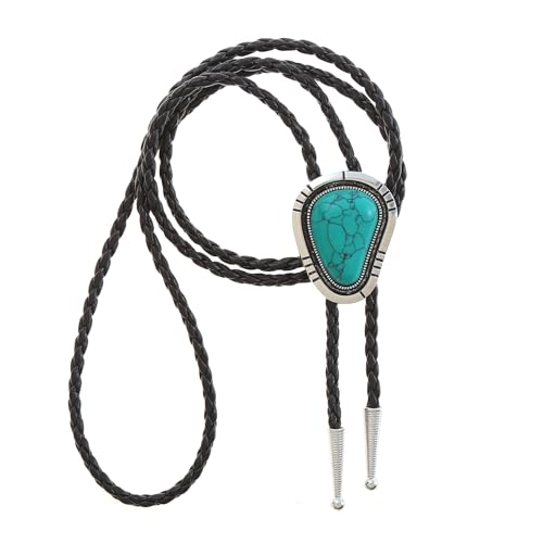 Image of GelConnie Bolo Tie for Men Women Western Cowboy Turquoise Leather Necktie | Natural Stone Bolo Tie Necklace for Women Rodeo Cowboy Leather Necktie Native American Western Cowgirl Ties Adjustable Cord