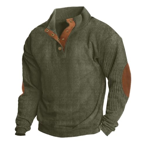 ONLYSTORY Men's Corduroy Sweatshirt with Elbow Patches Long Sleeve Stand Collar 1/4 Button Pullover Casual Polo Sweater Army Green, XL