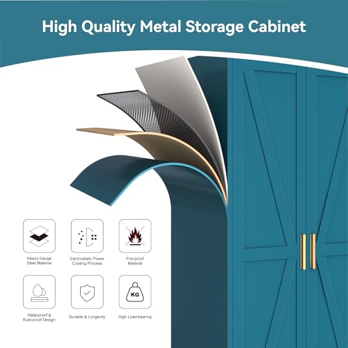 Image of Metal Broom Closet Cabinet, Utility Storage Cabinet with 4 Shelves, Farmhouse Metal Closet with Doors, 71 inch Tall Storage Cabinets with Hanging Rod and Clothing Shelf for Hallway Laundry Mudroom
