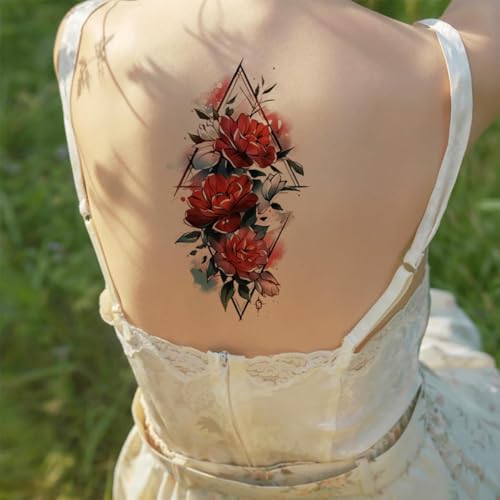 Image of MAYCREATE 6 Sheets Watercolor Rose Temporary Tattoos For Women Arm Girls Adults, Water Color Peony Flower Tattoo Sticker, Bulk Temp Fake Long Lasting Colorful Floral Tattoo 21x11.4cm