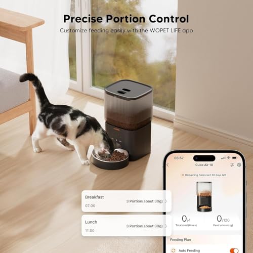 WOPET Automatic Cat Feeder, 5G WiFi Automatic Dog Feeder with APP Control for Remote Feeding, Cat Food Dispenser with Low Food Sensor and Voice Recorder,Up to 10 Meals Per Day for Cats and Dogs - Image 6