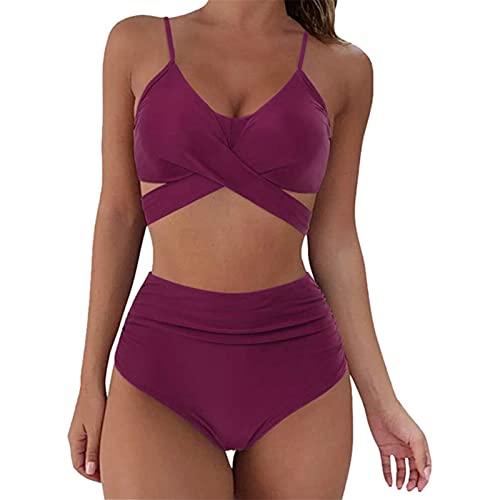 Traje de baño cruzado para mujer, bikini de playa con estampado floral, traje de baño de dos piezas, Rojo vino, Large