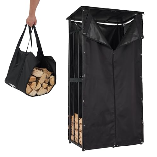 Lendo Online Estantería para leña con techo + funda protectora + bolsa de transporte - leñero exterior grande – estante para leña – Soporte para leña – negro - metal (90x60x180cm)
