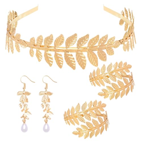 YUSHWENPTY Ensemble de Déesse Grecque Bijoux, Couronne de Laurier, Boucles Pendantes et Bracelet Manchette, Dorés Déesse Grecque Costume Accessoires, pour Mariage,...