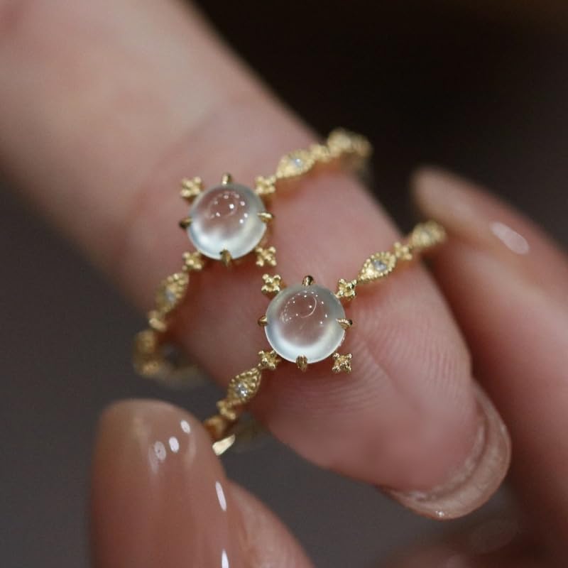 18k Geel Goud Blauwe Maansteen Open Ring Ring Vrouwelijke Verstelbare Lichte Luxe Instelling Edelsteen Ovale Vorm Opaal Ring Solitaire Geboortesteen Ring Eeuwigheid Verloving Trouwring Ring voor