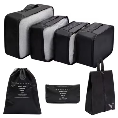 Kit Organizador de Malas Para Viagem Conjunto Organizador de Bagagem 7 Peças Bolsa Organizadora Para Roupas Acessórios Sapato Estojo de Maquiagem Cosméticos (Preto)