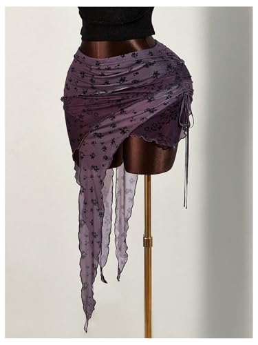 MakeMeChic Women's Mesh Floral Low Waist Skirt Asymmetrical Ruched Drawstring Layered Y2k Skirts3