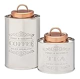 Old Dutch International 2PC Etched Stainless Steel w lid, Tea & Coffee, 1.5, 1 Qt Canister Set, Silver/Copper