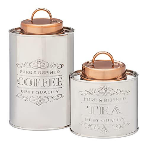 Old Dutch International 2PC Etched Stainless Steel w lid, Tea & Coffee, 1.5, 1 Qt Canister Set, Silver/Copper