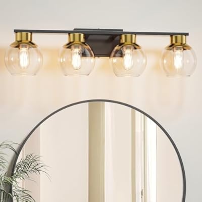 BTBHIHO Bathroom Light Fixtures, 4-Light Black and Gold Vanity Lights, Modern Vanity Lighting Fixtures with Clear Glass Globe Shade,29.5 Inch Bathroom Lighting Fixtures Over Mirror (Exclude E26 Bulb)