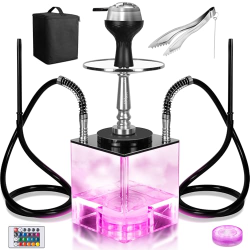 CALFVIC 2 Hose Hookah Set Dual-Hose Design with Silicone Hoses for Smooth Shared Smoking Experience with Lightweight Bag LED Light Ambiance for Social Gatherings, Bars, or Home Use(Formal)