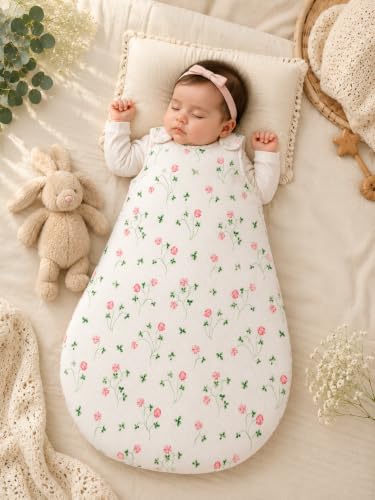 Image of TuddyBuddy Baby Cotton Wearable Quilted Sleeping Bag Blanket 1.5 Tog with 1 Way Zipper Closure | Ideal for Babies & Kids Hypoallergenic Fabrics | (Pink Floral & Leaves - Ribbed White, 6-12 Months)