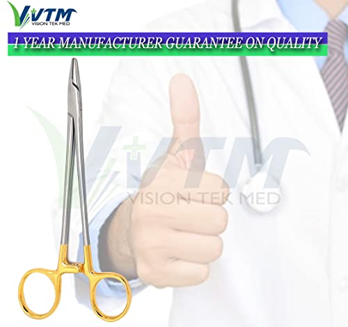 Image of 8 Inch TC Mayo Hegar Needle Holder Driver with Tungsten Carbide Inserts and Gold Rings Premium Grade Instrument