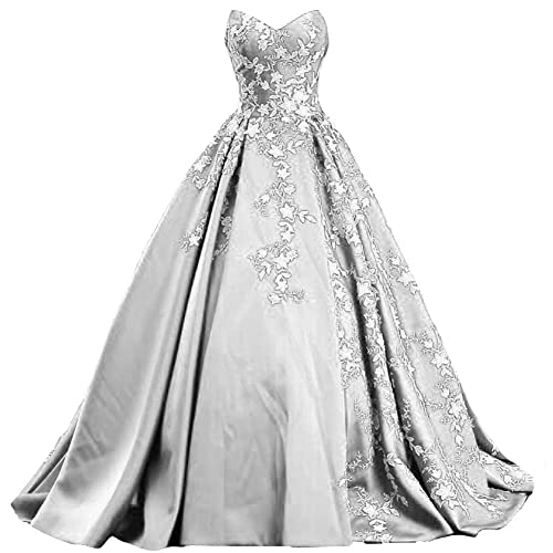 Kivary White Lace Long Ball Gown Satin V Neck Formal Prom Evening Dresses Gothic