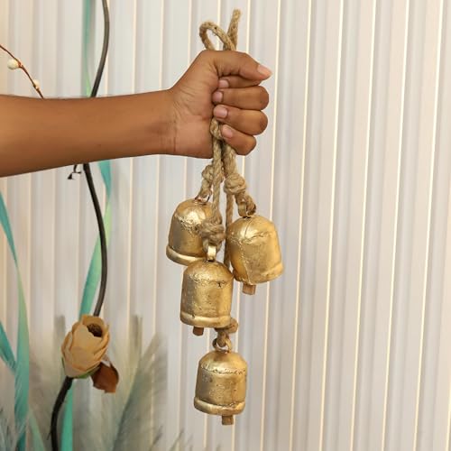 Set of 4 Rustic Vintage Cow Bells on Rope Handmade Metal Hanging Décor