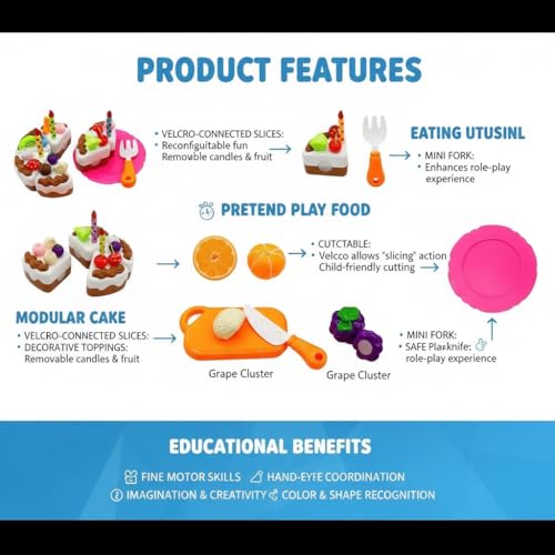 Image of PLUSPOINT DIY Chocolate Birthday Cake Cutting Toy Set for Kids, Pretend Play Kitchen Food Set with Sliceable Brown Cake & Fruit, Role Play Cooking Toys, Birthday Party Cake Model Gift for Toddler