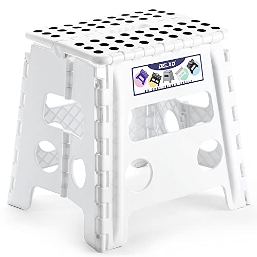Delxo 13" Folding Step Stool for Kids and Adults, Non-Slip Foldable Step Stools with Handle,Plastic Portable Folding Stool for Bathroom,Bedroom,Kitchen,Hold up to 300lbs White