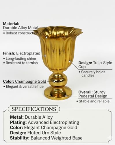 Image of Gold Metal Flower Vase for Table Decor Set of 2 | Tulip Fluted Urn Design | Electroplated Alloy Decorative Vase for Living Room, Home Decor (Champagne Gold Finish)