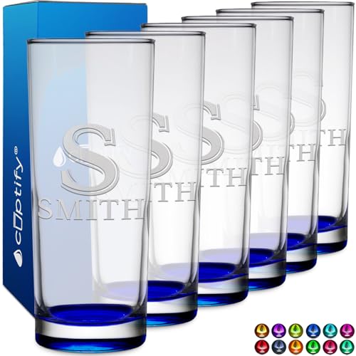 Personalized Highball Set of 6 Collins Glasses 10.5 oz with Blue Bottom, Custom Glass Gift for Women and Men, Birthdays, Weddings, Mother’s Day & More