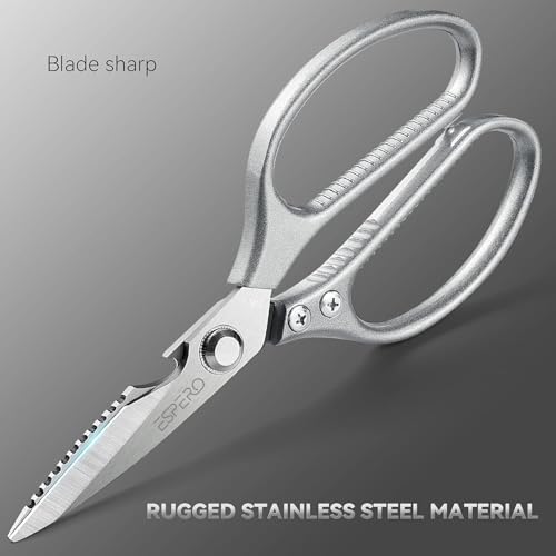 Image of ESPERO Multi Purpose Made In Japan Kitchen Scissors, food scissors,Premium Stainless Steel Solid Kitchen Shears for Meat, Seafood, Chicken, Vegetables, Herbs, BBQ, Bottle Opener (Silver)